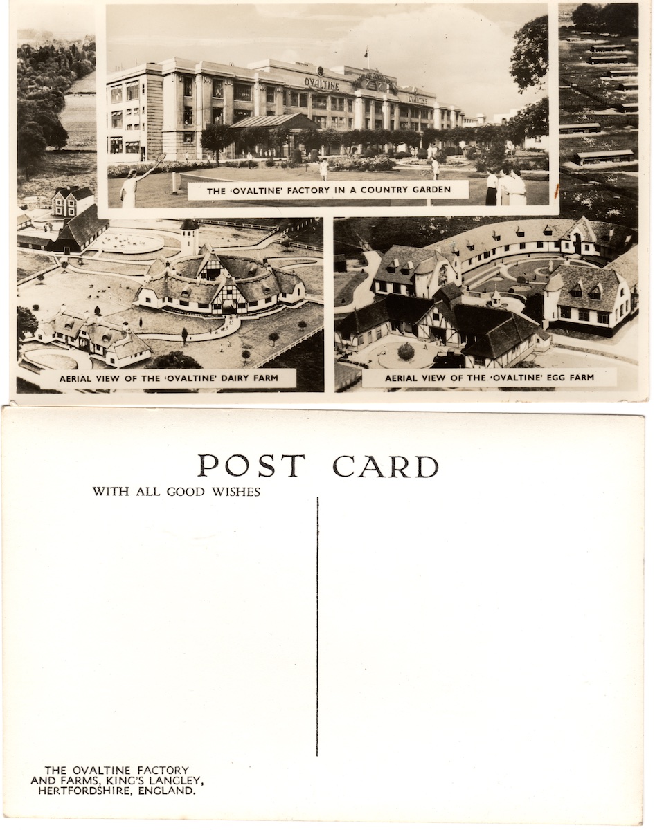 The &lsquo;Ovaltine&rsquo; factory in a country garden; aerial view of the &lsquo;Ovaltine&rsquo; dairy farm; aerial view of the &lsquo;Ovaltine&rsquo; egg farm; post card; with all good wishes; the ovaltine factory and farms, king&rsquo;langley, hertfordshire, england.
