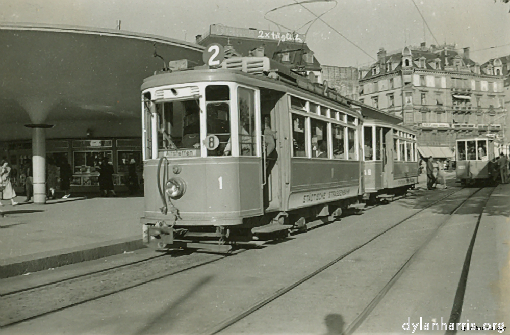 image: Z&uuml;rich Tram & Trailer (Old Type). Bellevue, Z&uuml;rich. Photograph by Ray Burrows. 21 August 1948