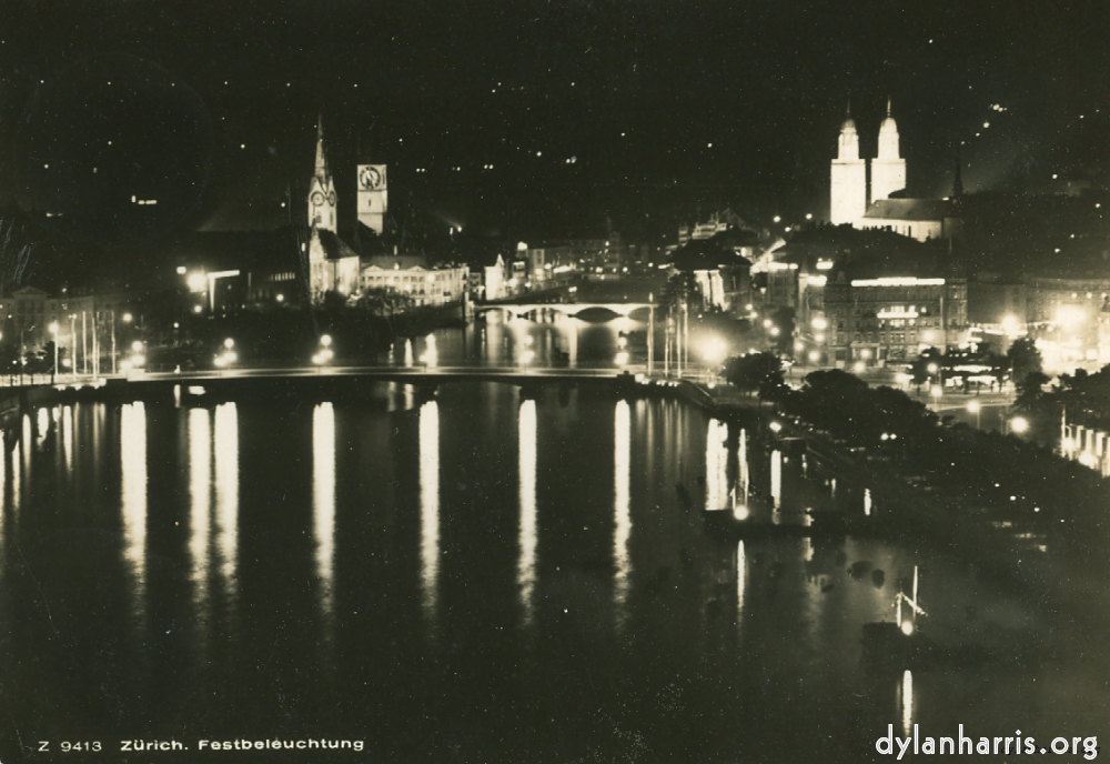 image: Postcard: Z 9412 Z&uuml;rich. Festbeleuchtung [[ Z&uuml;rich by Night and Day. With St Peter&rsquo;s Church, the Urania Observatory and the Grossem&uuml;nster, AD 100, a Cathedral. ]]