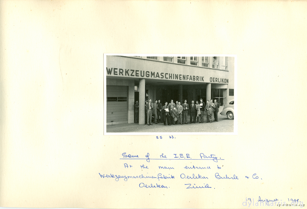 image: Some of the I.E.E. Party. At the main entrance to Werkzeugmaschinenfabrik Oerlikon Buhle & Co. Oerlikon. Z&uuml;rich. 19 August 1948.